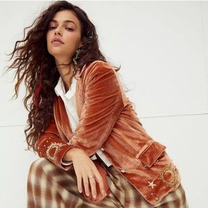 Free People Celestial Shadow Velvet Embroidered Blazer - Rust